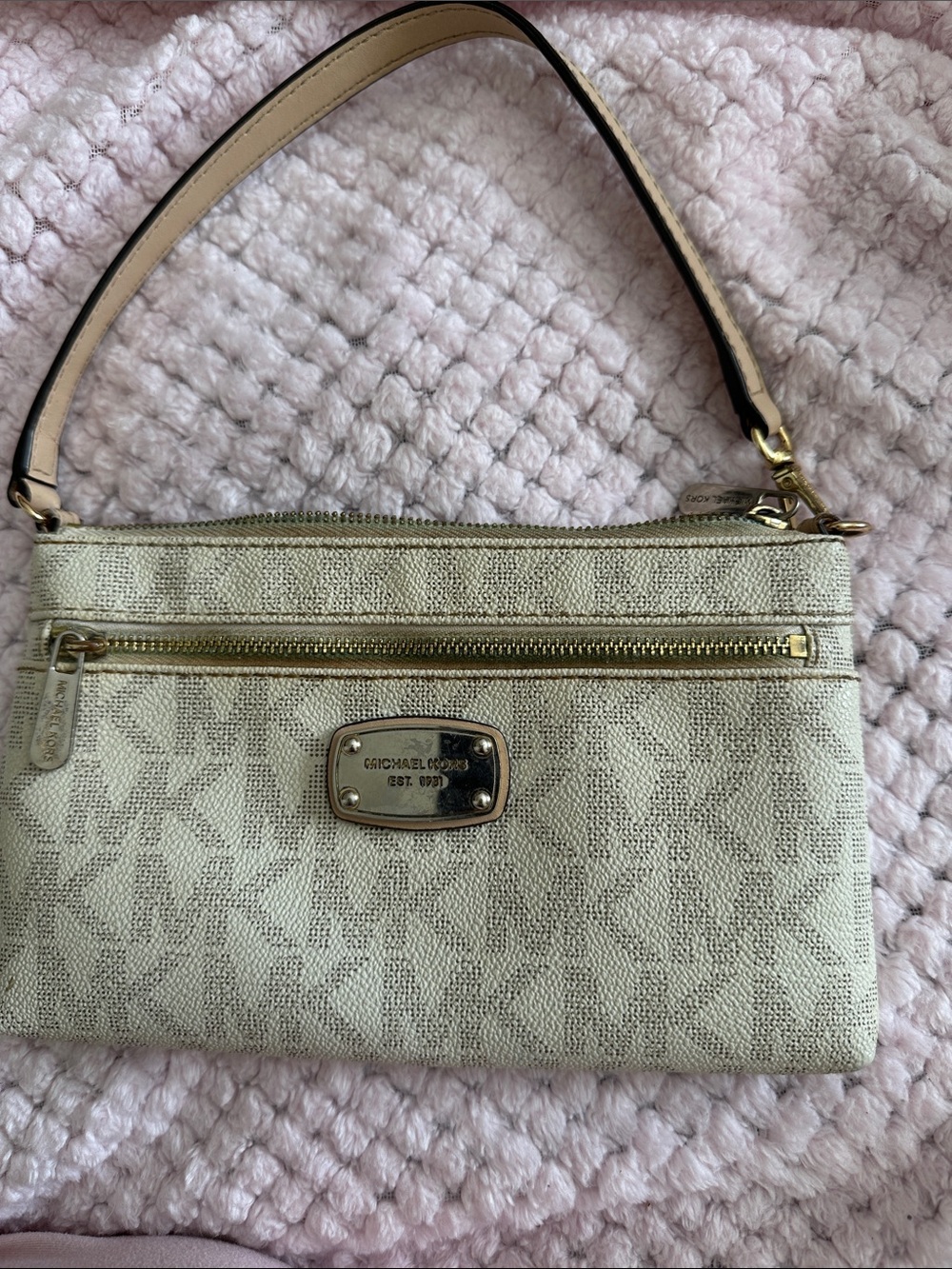 Michael Kors Beige Logo Zip Wristlet with Gold Hardware